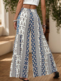 Lace-up geometric floral-print wide-leg pants