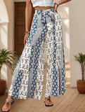 Lace-up geometric floral-print wide-leg pants