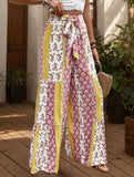 Lace-up geometric floral-print wide-leg pants