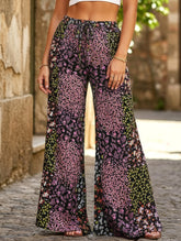 Lace-up leopard print high-waist wide-leg pants
