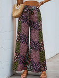 Lace-up leopard print high-waist wide-leg pants