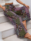 Lace-up leopard print high-waist wide-leg pants