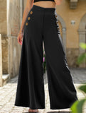 Button elastic high waist wide leg pants
