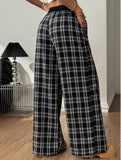 Plaid panel high waist sports straight pants