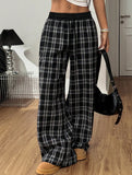 Plaid panel high waist sports straight pants