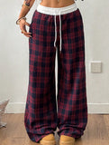 Plaid panel high waist sports straight pants