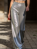 Loose shiny silk high waist wide leg pants