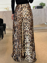 Leopard print high-waisted sequined wide-leg pants