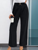 Solid color buttoned high waist straight pants