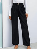 Solid color buttoned high waist straight pants