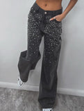 Retro loose-fitting rhinestone denim jeans
