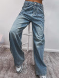 Retro loose-fitting rhinestone denim jeans