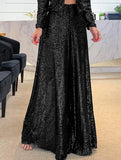 Fashionable high-waisted sequined wide-leg pants