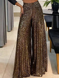 Fashionable high-waisted sequined wide-leg pants