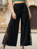 Elegant lace-trimmed high-waisted casual wide-leg pants