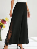 Elegant lace-trimmed high-waisted casual wide-leg pants