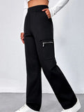 High-waisted, zippered, loose-fitting, straight-leg, floor-length trousers