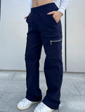 High-waisted, zippered, loose-fitting, straight-leg, floor-length trousers