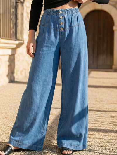 Elastic Waist Wide Leg Vintage Denim Pants_CWBLP01460