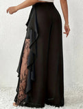 Lace Mesh High Waist Slit Wide Leg Pants_CWBLP01525