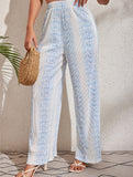 Blue White Print Wide Leg Pants_CWBLP01671