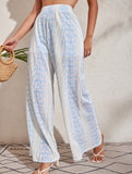 Blue White Print Wide Leg Pants_CWBLP01671