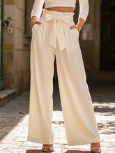 WOMEN TIED WAIST WIDE LEG OFFICE WORK PANTS