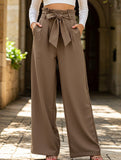 WOMEN TIED WAIST WIDE LEG OFFICE WORK PANTS
