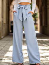 WOMEN TIED WAIST WIDE LEG OFFICE WORK PANTS