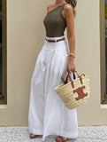 Solid-color high-waisted casual wide-leg pants