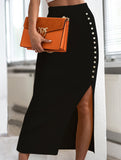 Ribbed slit button skirt