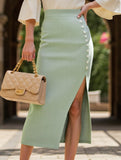 Ribbed slit button skirt