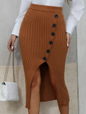 Hip-slit solid color knitted skirt