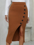 Hip-slit solid color knitted skirt