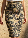 Retro printed back slit hip skirt