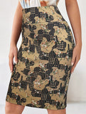 Retro printed back slit hip skirt
