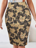 Retro printed back slit hip skirt