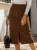 Retro high waist straight solid color slit skirt