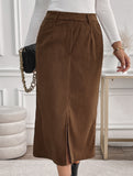 Retro high waist straight solid color slit skirt