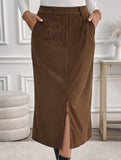 Retro high waist straight solid color slit skirt