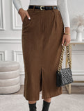 Retro high waist straight solid color slit skirt