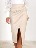High-waisted zipper pleated PU slit skirt