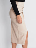 High-waisted zipper pleated PU slit skirt