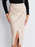 High-waisted zipper pleated PU slit skirt