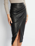 High-waisted zipper pleated PU slit skirt