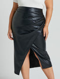High-waisted zipper pleated PU slit skirt