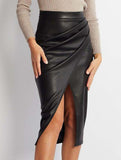 High-waisted zipper pleated PU slit skirt