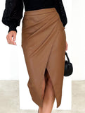 High-waisted zipper pleated PU slit skirt