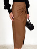 High-waisted zipper pleated PU slit skirt