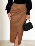 High-waisted zipper pleated PU slit skirt